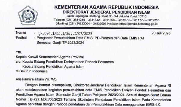 Edaran Pemutakhiran Data EMIS PD-Pontren dan PAI Semester Ganjil TP 2023/2024