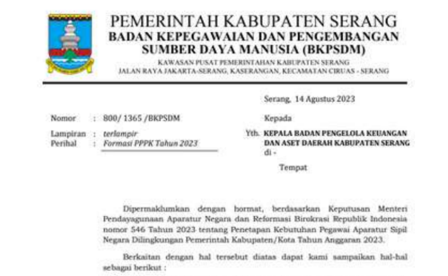 Rincian Formasi Kebutuhan ASN di Lingkungan Pemerintah Kabupaten Serang TA 2023