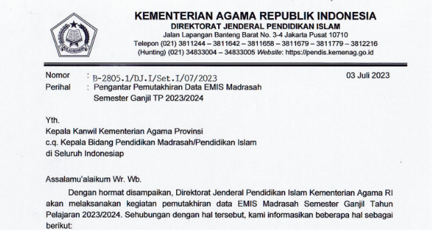 Pemutakhiran Data EMIS Madrasah Semester Ganjil TP 2023/2024