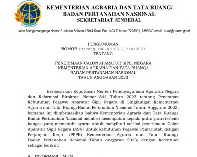 Rincian Formasi CASN PPPK Kementerian ATR/BPN 2023