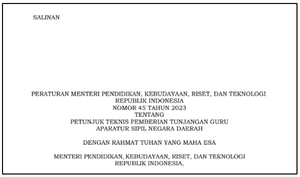 Permendikbudristek Nomor 45 Tahun 2023 : Juknis Pemberian Tunjangan Guru ASN Daerah