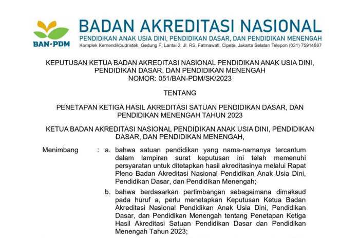 SE Penetapan Hasil Akreditasi Sekolah 2023 (Penetapan Ketiga)