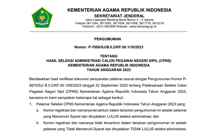 Pengumuman Hasil Seleksi Administrasi CPNS Kemenag 2023