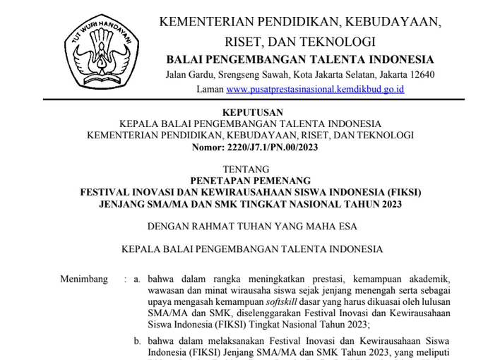 Informasi Daftar Pemenang FIKSI Jenjang SMA MA SMK Tahun 2023