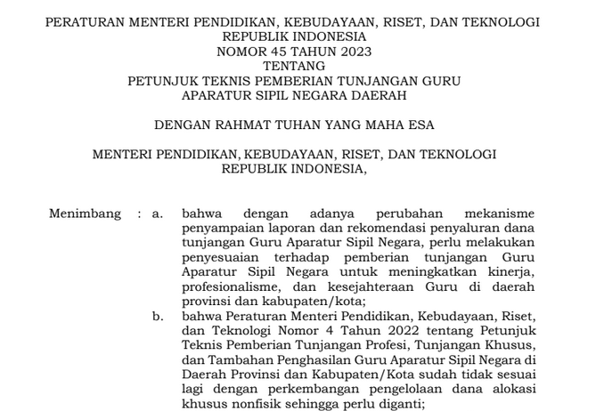 Permendikbudristek Nomor 45 Tahun 2023 : Juknis Pemberian Tunjangan ...