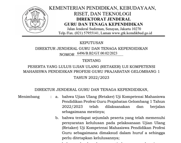 Peserta Lulus Ujian Ulang (Retaker) Uji Kompetensi Mahasiswa PPG Prajabatan Gelombang 1 Tahun 2022/2023