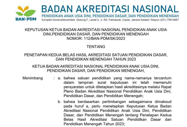 Penetapan Hasil Akreditasi Satuan Pendidikan Tahun 2023 Tahap Kedua Belas