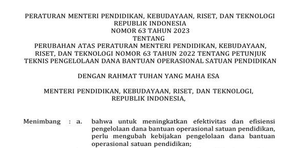 Permendikbudristek Nomor 63 Tahun 2023 : Juknis Pengelolaan Dana BOS