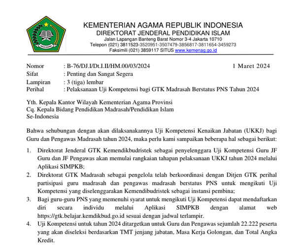 SE Pelaksanaan Uji Kompetensi GTK Madrasah Berstatus PNS 2024