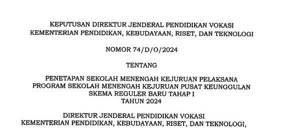 Informasi Daftar SMK Pelaksana Program SMK Pusat Keunggulan Skema Reguler Baru Tahap 1 Tahun 2024