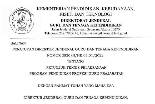 Perdirjen GTK Nomor 3830/B/HK.03.01/2022 : Juknis PPG Prajabatan