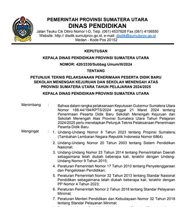 Petunjuk Teknis PPDB SMK SMA Provinsi Sumatera Utara TA 2024/2025