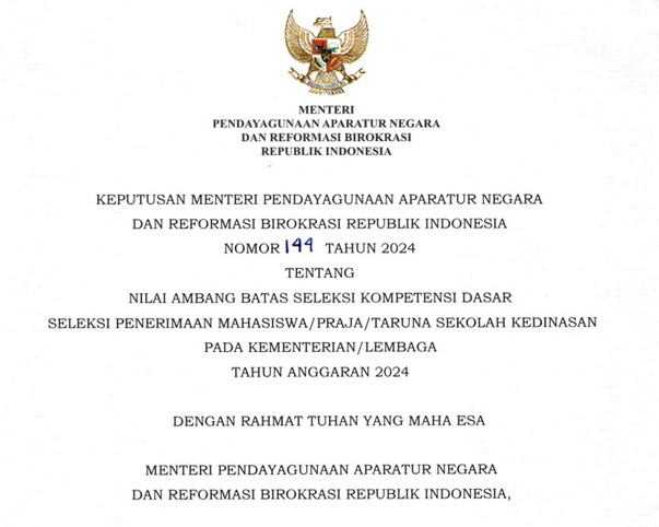 Nilai Ambang Batas Seleksi Mahasiswa/Praja/Taruna Sekolah Kedinasan 2024