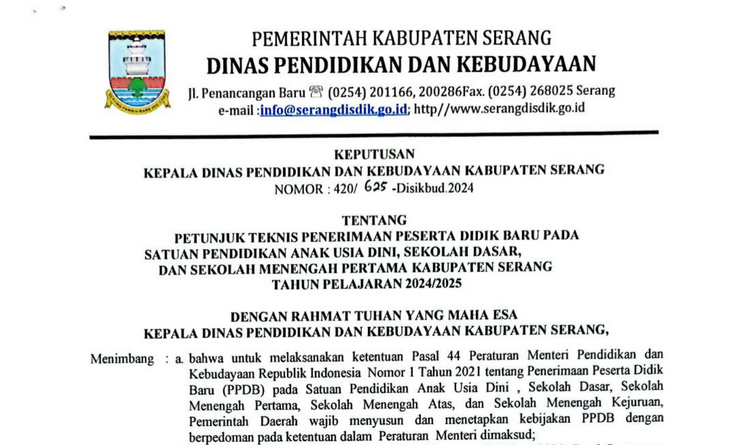 Petunjuk Teknis PPDB PAUD SD SMP Kabupaten Serang TA 2024/2025