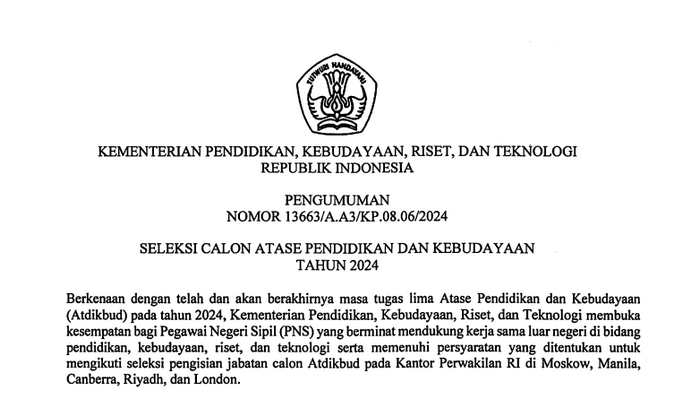 Seleksi Calon Atase Pendidikan dan Kebudayaan (Atdikbud) Tahun 2024 