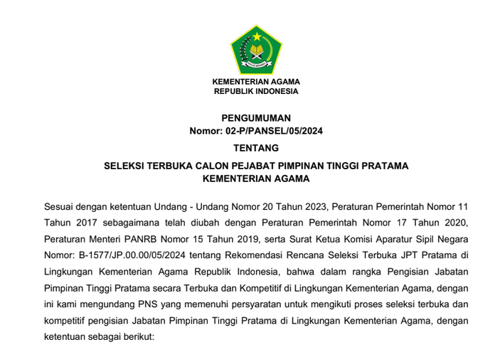 Seleksi Terbuka Calon Pejabat Pimpinan Tinggi Pratama Kementerian Agama