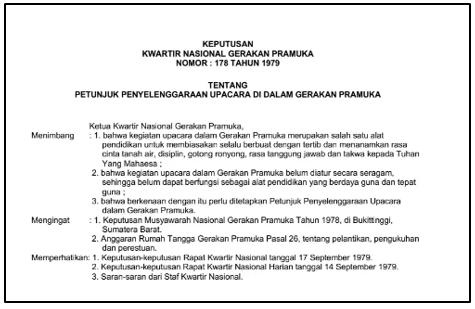 Keputusan Kwartir Nasional Gerakan Pramuka Nomor 178 Tahun 179 tentang Petunjuk Penyelenggaraan Upacara di Dalam Gerakan Pramuka