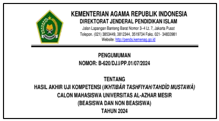 Hasil Akhir Uji Kompetensi (Ikhtibar Tashfiyah/Tahdid Mustawa) Calon Mahasiswa Universitas Al_Azhar Mesir (Beasiswa dan Non Beasiswa) Tahun 2024.