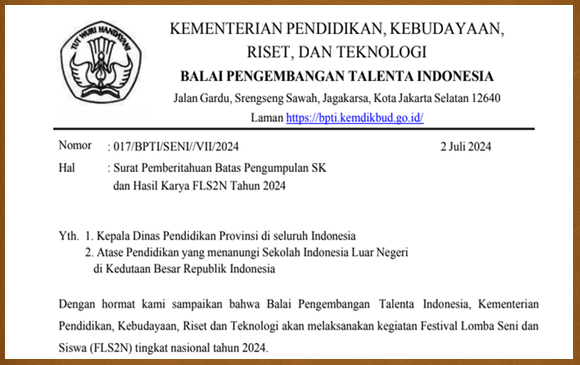 Pemberitahuan Batas Pengumpulan SK dan Hasil Karya FLS2N Tahun 2024