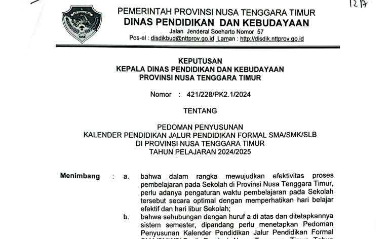 Kalender Pendidikan Provinsi Nusa Tenggara Timur (NTT) TA 2024/2025