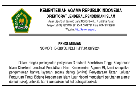 Pengumuman Migrasi Link Penyetaraan Ijazah Lulusan Perguruan Tinggi Bidang Keagamaan Islam Luar Negeri