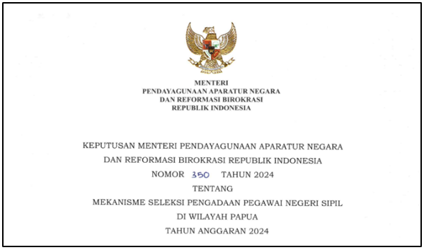 Kepmen PANRB Nomor 350 Tahun 2024 tentang Mekanisme Seleksi PNS di Wilayah Papua Tahun 2024