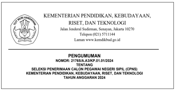 Pengumuman Seleksi CPNS Kemendikbudristek Tahun Anggaran 2024