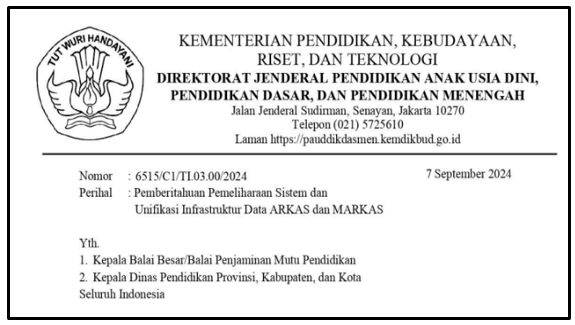 SE Pemberitahuan Pemeliharaan Sistem dan Unifikasi Infrastruktur Data ARKAS dan MARKAS