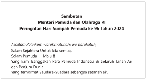 Sambutan Menpora pada Peringatan Hari Sumpah Pemuda (HSP) ke-96 Tahun 2024