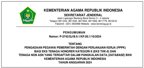 Seleksi PPPK Kemenag 2024 Eks THK-II dan Tenaga Non ASN