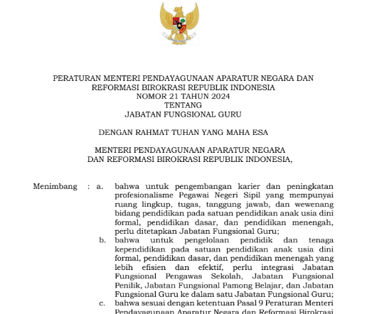 Permenpan Nomor 21 Tahun 2024 Tentang Jabatan Fungsional guru