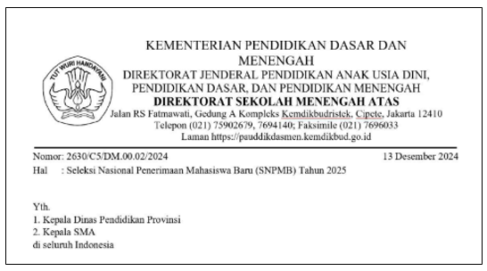 Surat Edaran tentang Seleksi Nasional Penerimaan Mahasiswa Baru (SNPMB) 2025