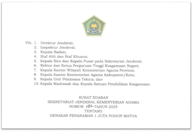 Surat Edaran Gerakan Penanaman 1 Juta Pohon Matoa Kemenag